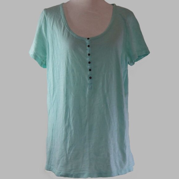 Eddie Baurer Mint Green Short Sleeve Pullover Partial Snap Blouse Size XL (C929) - Picture 2 of 7